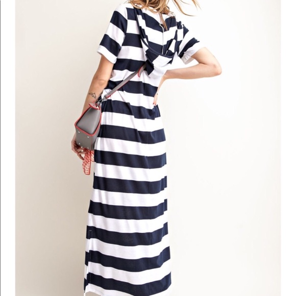 Maxi Dress Lounge Wear Hooded Navy White Stripe - Picture 3 of 8